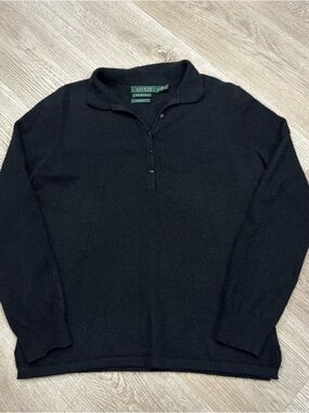 Vtg Lauren RL XL Black Pullover Long Sleeve Button Up Henley Collar Green Tag